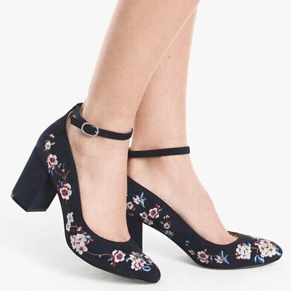 White House Black Market Shoes - White House Black Market Bethany Blue Suede Embroidered Floral Block Heels 9.5M